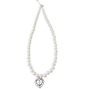 Faux Pearl Necklace with Heart & Cross Pendant